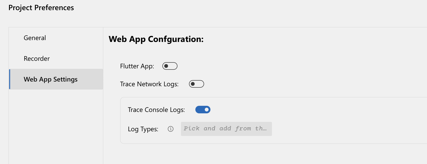 DevAssure settings to enable console log tracing