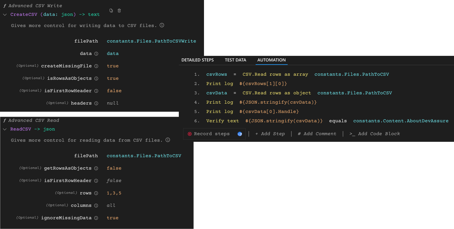 CSV files read and write libraries in DevAssure Fintech test automation platform