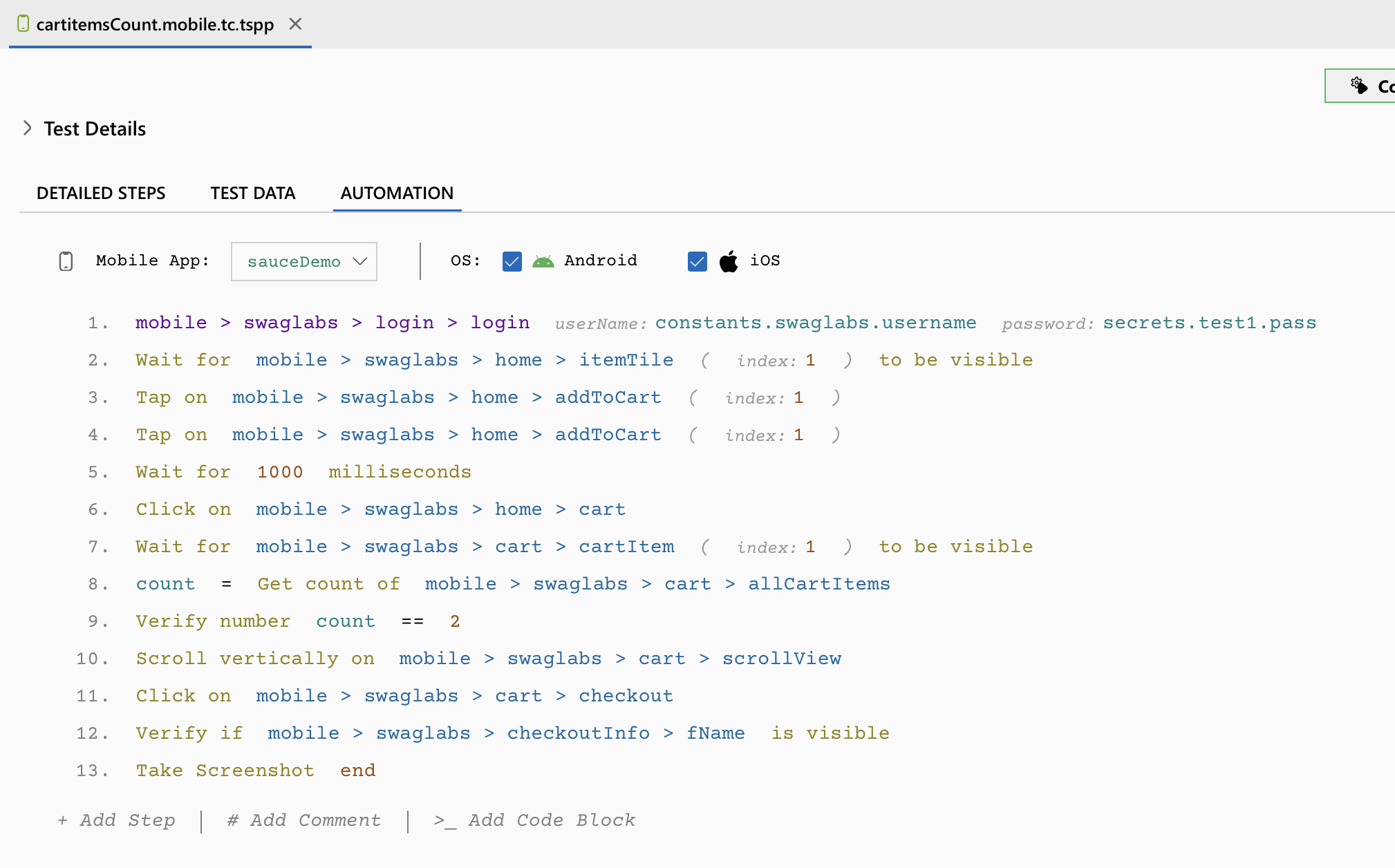 DevAssure Mobile app automation test with functions