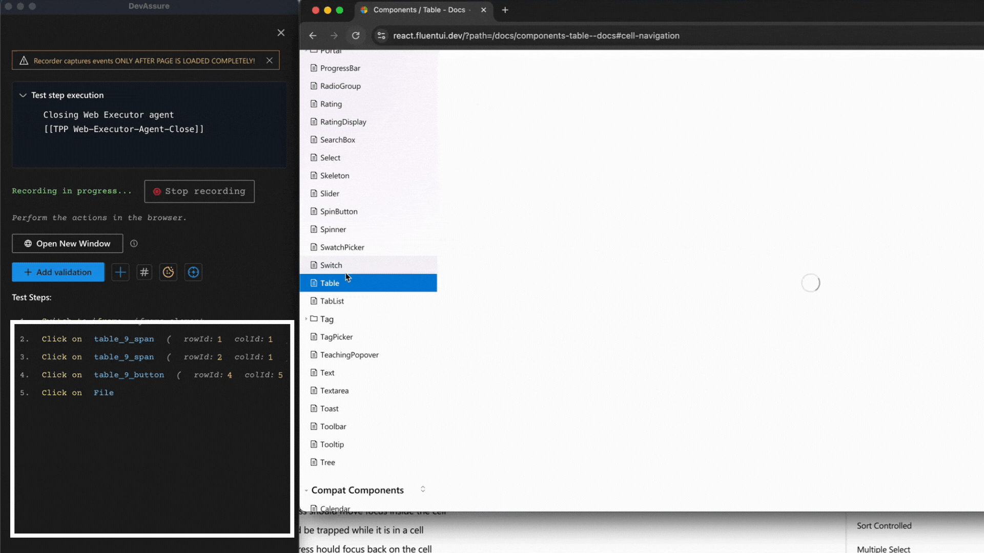 DevAssure's recorder for dynamic table components