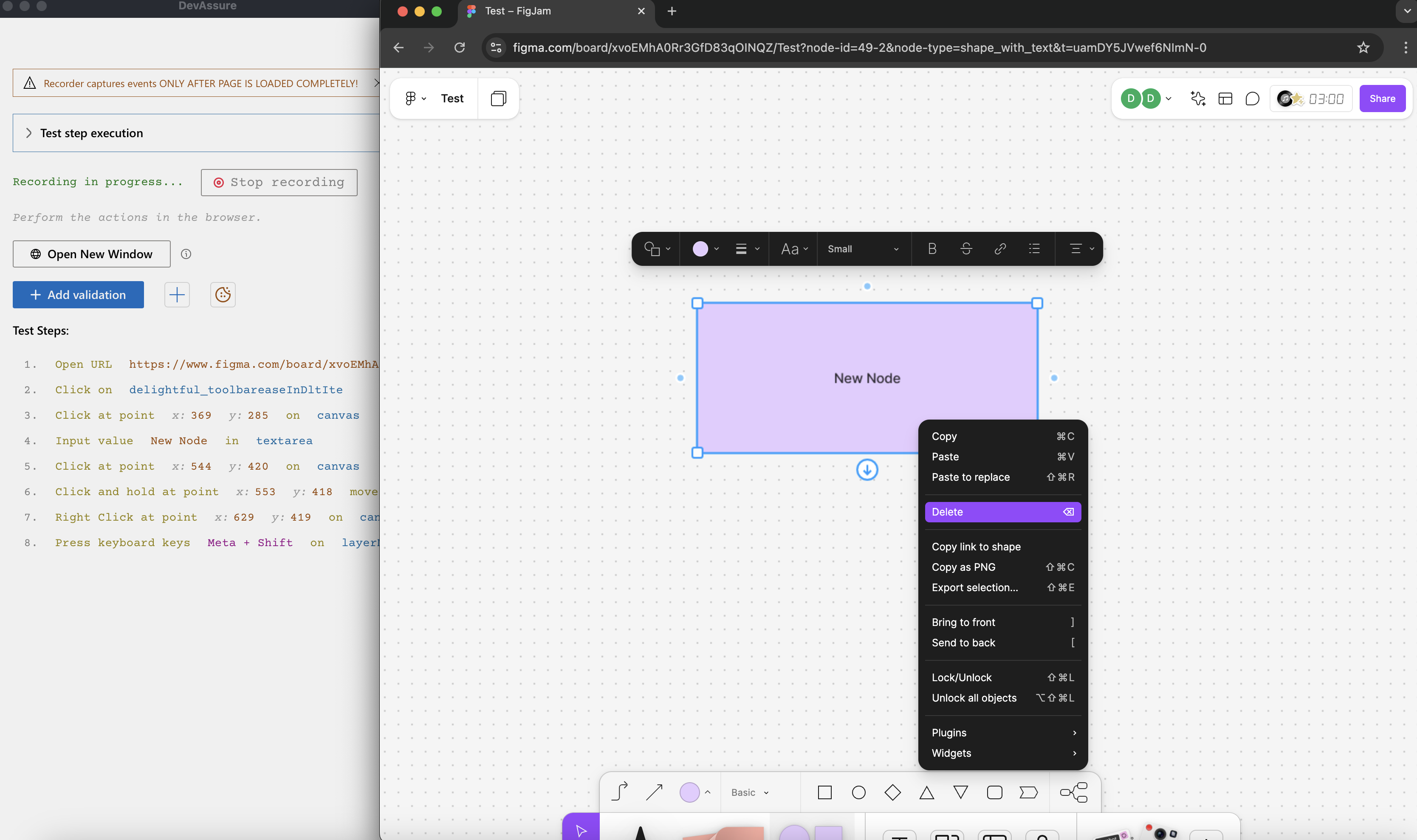 Record canvas testing with DevAssure for FigJam board for resizing shapes