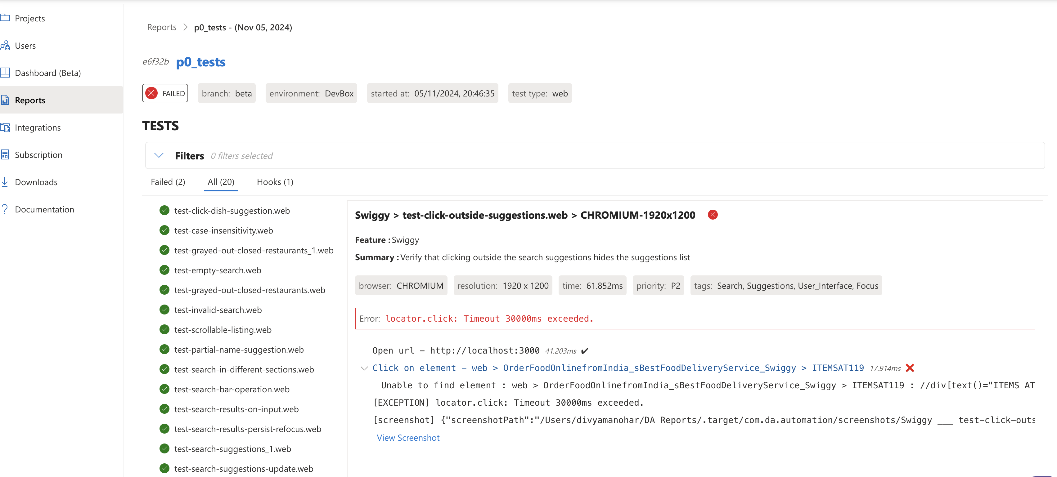 DevAssure Test Automation Report Sample from web app