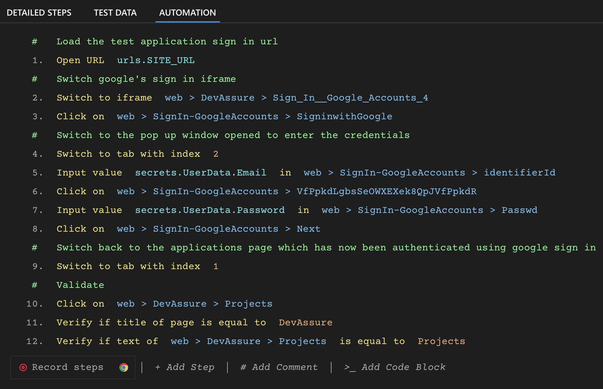 Google Signin With DevAssure - Sample Test Automation code