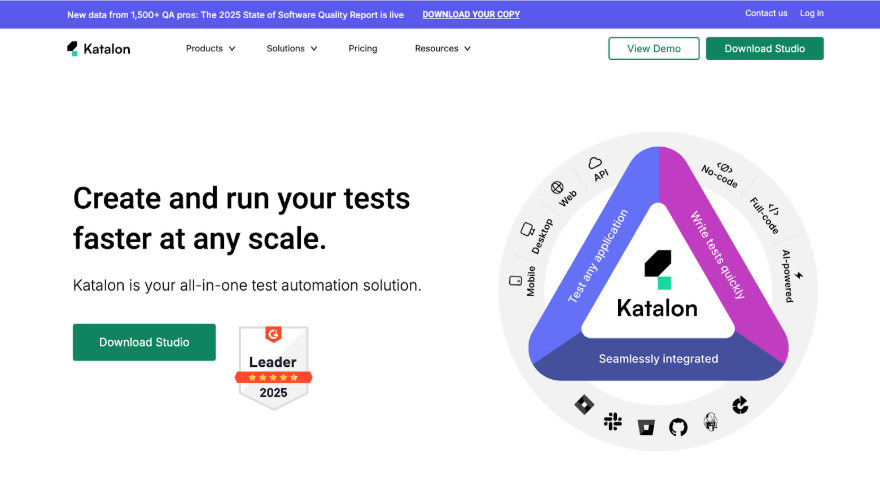 Katalon Studio homepage featuring cross-platform, AI-driven test automation solutions.