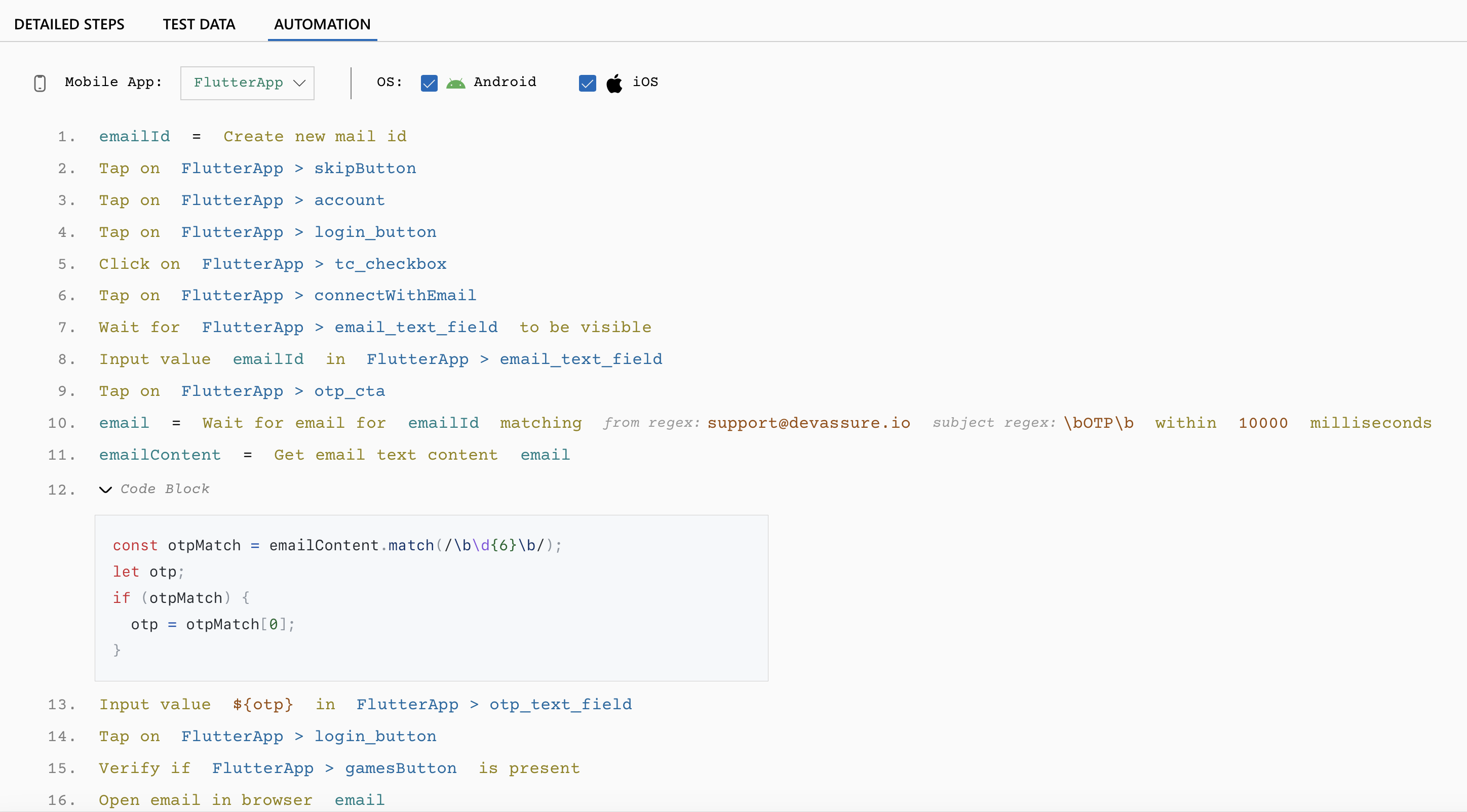 Mobile app automation using DevAssure