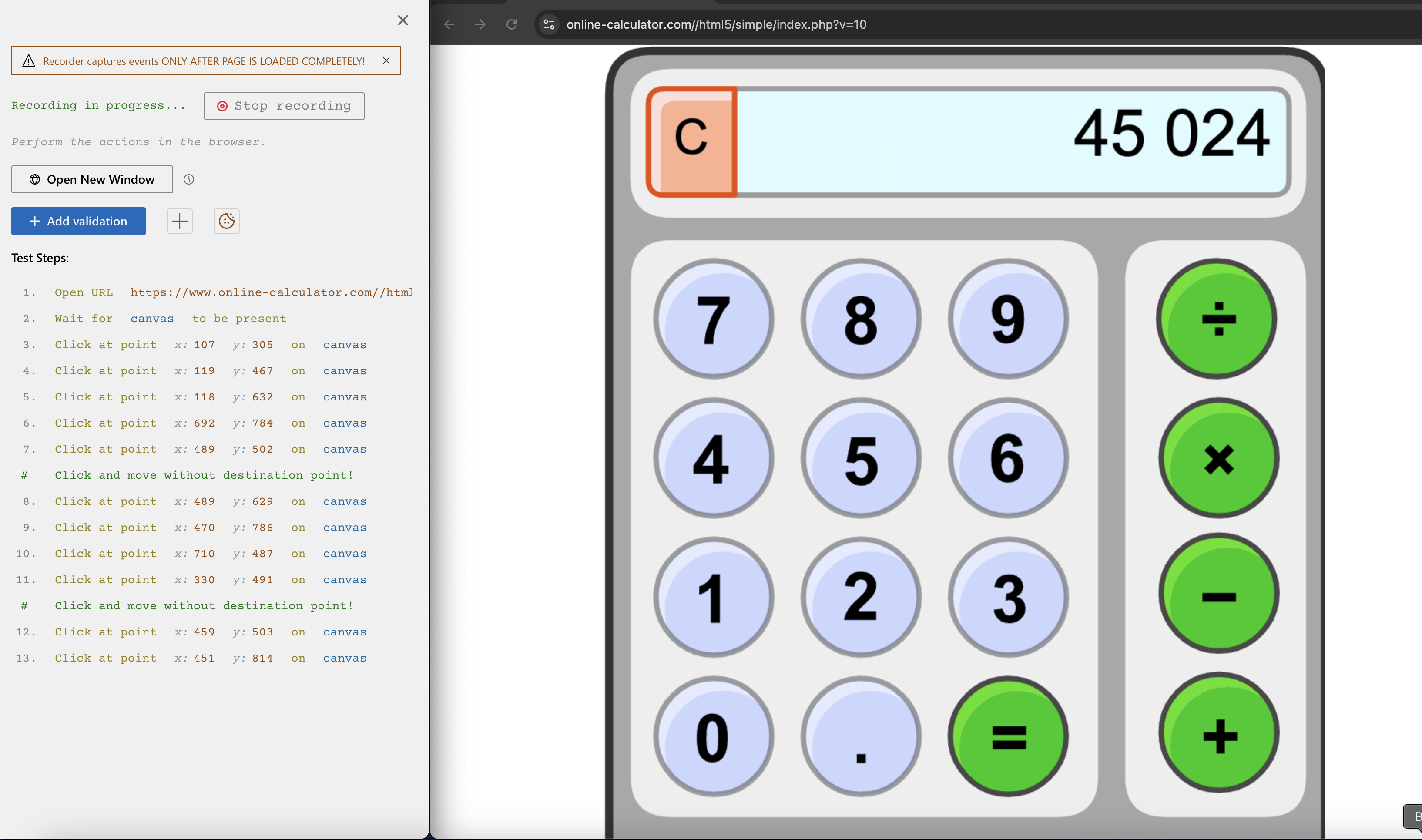 Record canvas testing with DevAssure for online calculator app