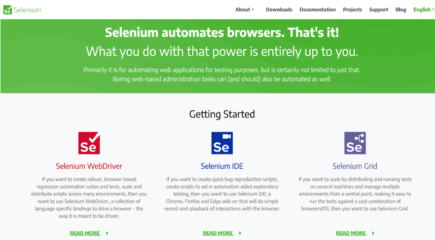 Selenium official website highlighting open-source browser automation tools and WebDriver components