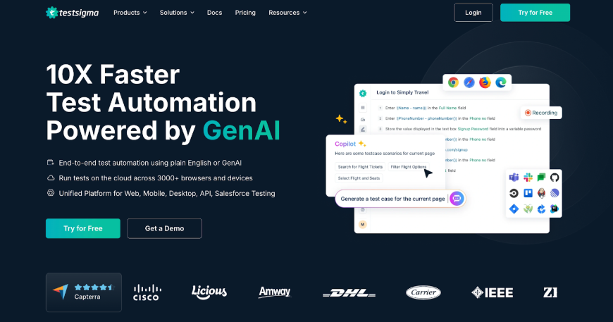 TestSigma platform highlighting low-code regression testing for web, mobile, and APIs.